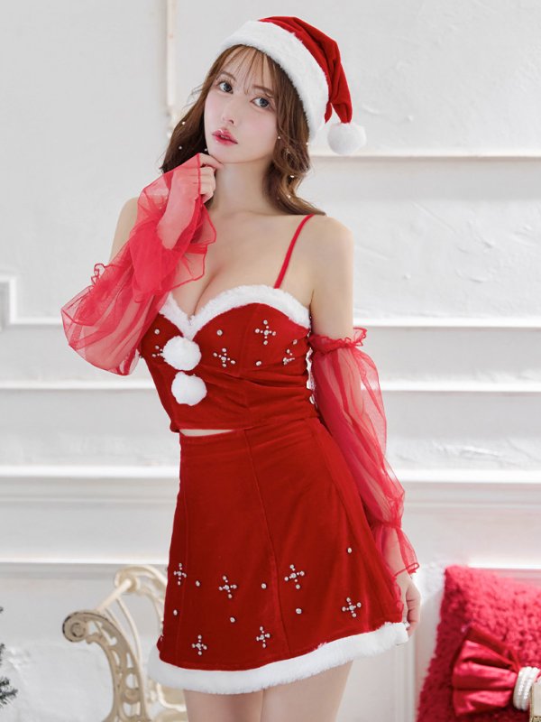 画像2: 【ノベルティ対象】【即日発送！】【サンタコス 4点セット】【S-Lサイズ/2カラー】オフショルロングスリーブセットアップサンタコスプレ[YMT] (2)