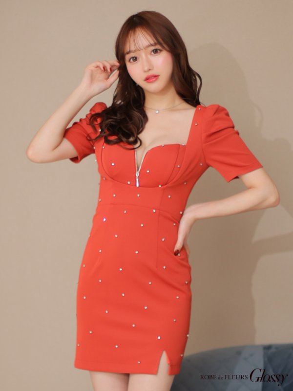 画像12: XSサイズあり【Glossy/グロッシー】フロントジップ/ パフスリーブ/ ストレッチ/ 無地/ ワンカラー/ タイト/ ミニドレス/ キャバドレス[OF08] (12)