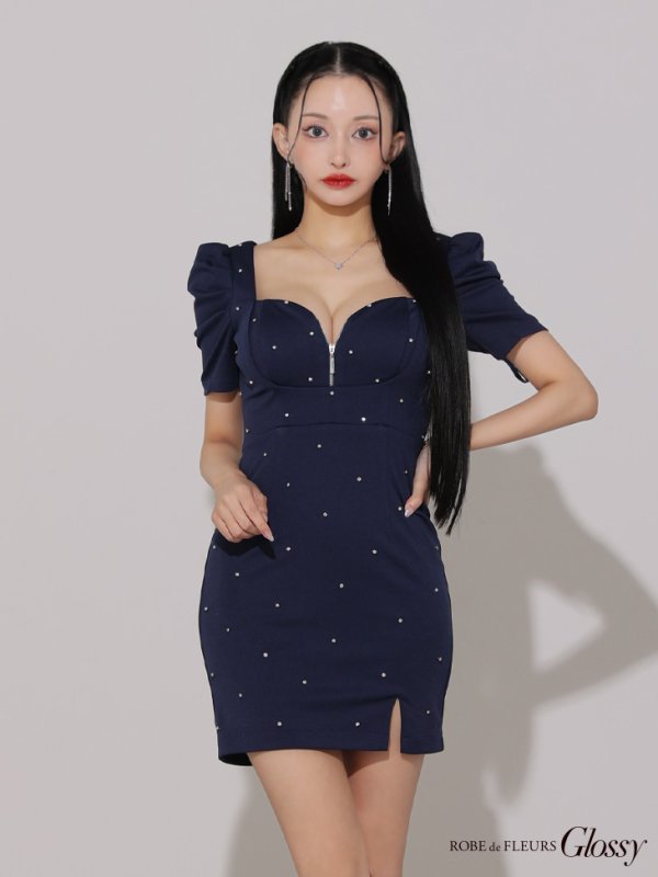 画像8: XSサイズあり【Glossy/グロッシー】フロントジップ/ パフスリーブ/ ストレッチ/ 無地/ ワンカラー/ タイト/ ミニドレス/ キャバドレス[OF08] (8)