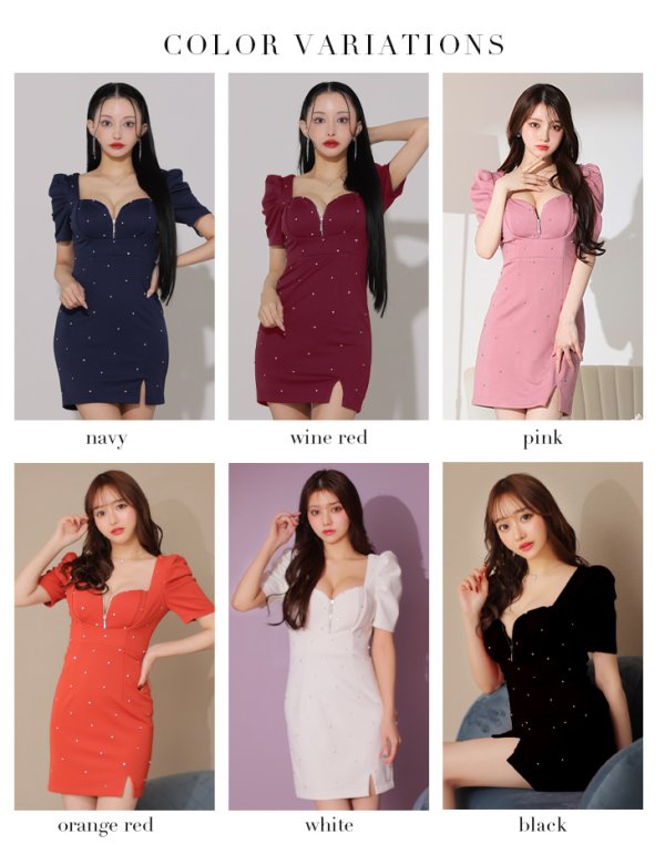 画像20: XSサイズあり【Glossy/グロッシー】フロントジップ/ パフスリーブ/ ストレッチ/ 無地/ ワンカラー/ タイト/ ミニドレス/ キャバドレス[OF08] (20)