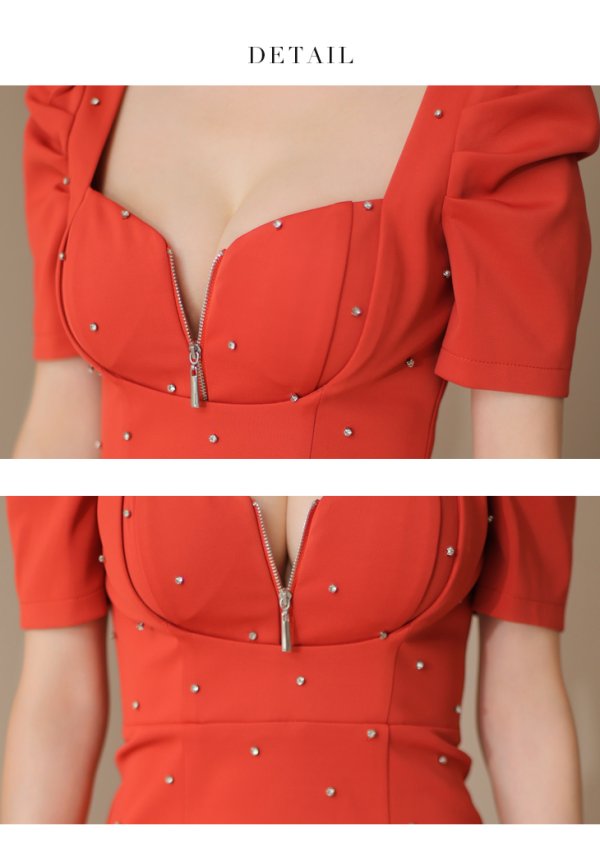 画像18: XSサイズあり【Glossy/グロッシー】フロントジップ/ パフスリーブ/ ストレッチ/ 無地/ ワンカラー/ タイト/ ミニドレス/ キャバドレス[OF08] (18)