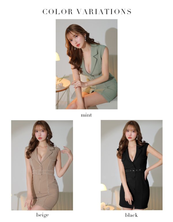 画像15: XSサイズあり【Glossy/グロッシー】ジャケット風襟デザイン/ ノースリーブ/ ボタン/ ベルト/ 無地/ タイト/ カジュアル/ ミニドレス/ キャバドレス[OF2] (15)