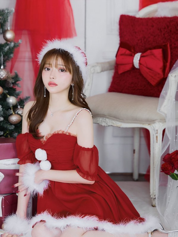 画像10: 【即日発送】【サンタコス 4点セット】【S-Lサイズ/1カラー】パフスリーブオフショルフレアサンタコスプレ[YMT] (10)