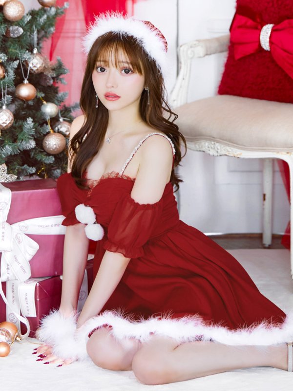 画像3: 【即日発送】【サンタコス 4点セット】【S-Lサイズ/1カラー】パフスリーブオフショルフレアサンタコスプレ[YMT] (3)