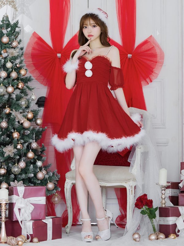 画像4: 【即日発送】【サンタコス 4点セット】【S-Lサイズ/1カラー】パフスリーブオフショルフレアサンタコスプレ[YMT] (4)