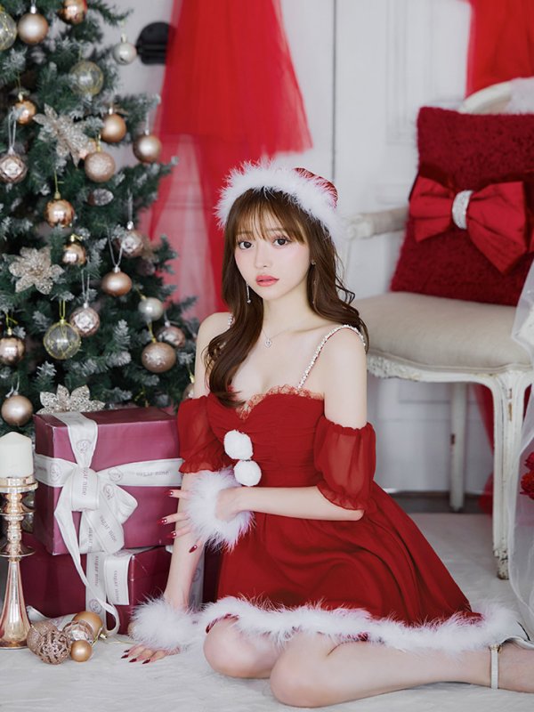 画像8: 【即日発送】【サンタコス 4点セット】【S-Lサイズ/1カラー】パフスリーブオフショルフレアサンタコスプレ[YMT] (8)