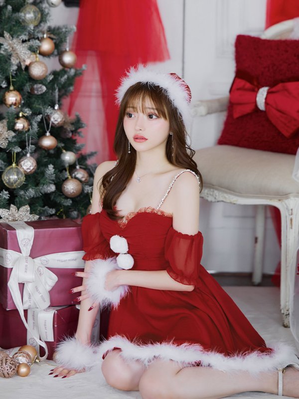 画像9: 【即日発送】【サンタコス 4点セット】【S-Lサイズ/1カラー】パフスリーブオフショルフレアサンタコスプレ[YMT] (9)