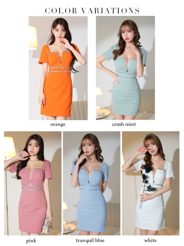 画像46: XSサイズあり【Glossy/グロッシー】バストジッパー/ ビジュー/ ワッフル/ ストレッチ/ 半袖/ 袖あり/ ワンカラー/ タイト/ ミニドレス/ キャバドレス[OF08] (46)