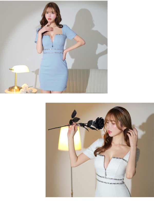 画像27: XSサイズあり【Glossy/グロッシー】バストジッパー/ ビジュー/ ワッフル/ ストレッチ/ 半袖/ 袖あり/ ワンカラー/ タイト/ ミニドレス/ キャバドレス[OF08] (27)