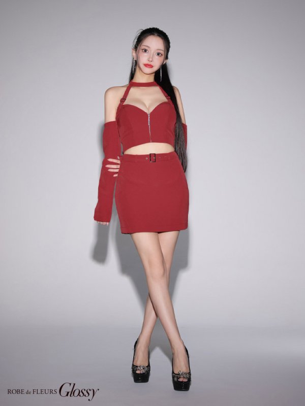 画像13: XSサイズあり【Glossy/グロッシー】袖あり/ 2way/ ホルターリボンネック/ オフショルダー/ セットアップ/ タイト/ ミニドレス/ キャバドレス[OF08] (13)