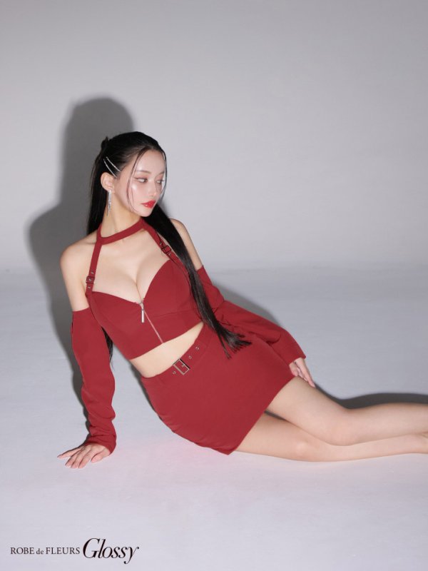 画像14: XSサイズあり【Glossy/グロッシー】袖あり/ 2way/ ホルターリボンネック/ オフショルダー/ セットアップ/ タイト/ ミニドレス/ キャバドレス[OF08] (14)