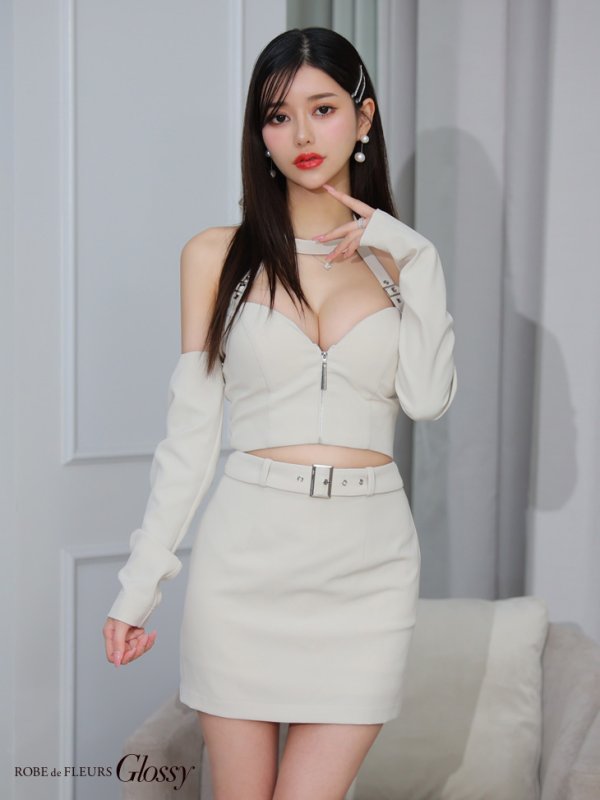 画像35: XSサイズあり【Glossy/グロッシー】袖あり/ 2way/ ホルターリボンネック/ オフショルダー/ セットアップ/ タイト/ ミニドレス/ キャバドレス[OF08] (35)