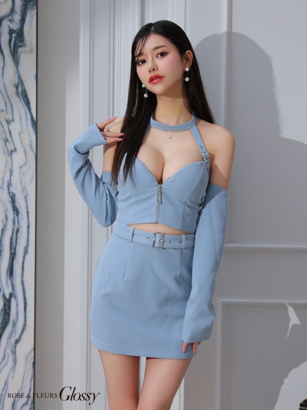 画像19: XSサイズあり【Glossy/グロッシー】袖あり/ 2way/ ホルターリボンネック/ オフショルダー/ セットアップ/ タイト/ ミニドレス/ キャバドレス[OF08] (19)