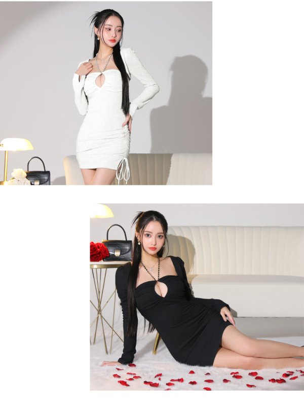 画像8: Lサイズあり【Glossy/グロッシー】2way/ サイドシャーリング/ リボン/ ワッフル/ ワンカラー/ ストレッチ/ タイト/ ミニドレス/ キャバドレス[OF08] (8)