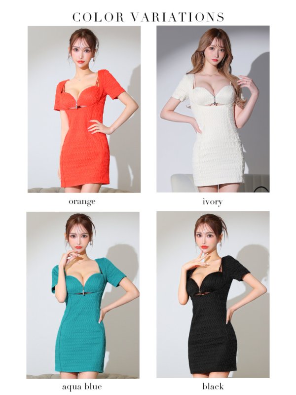 画像14: XSサイズあり【Glossy/グロッシー】バストオープンジッパー/ サイドパイピング/ 半袖/ 袖あり/ タイト/ ミニドレス/ キャバドレス[OF08] (14)