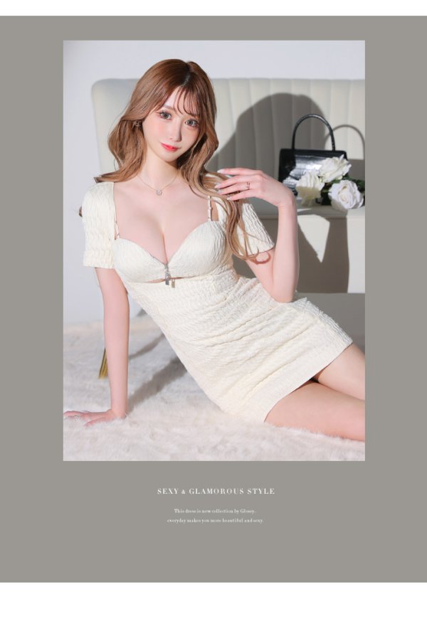 画像6: XSサイズあり【Glossy/グロッシー】バストオープンジッパー/ サイドパイピング/ 半袖/ 袖あり/ タイト/ ミニドレス/ キャバドレス[OF2] (6)