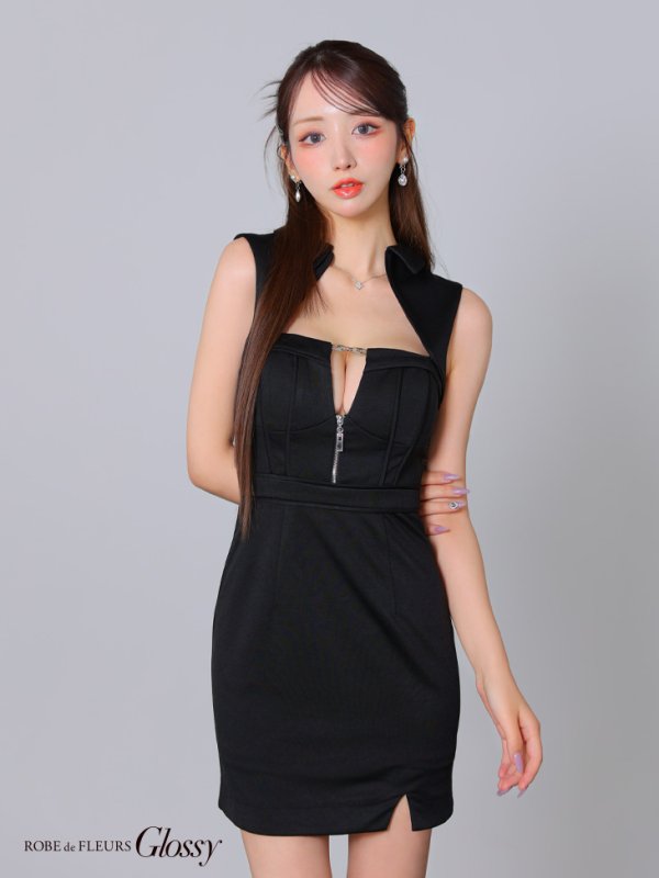 画像15: XSサイズあり【Glossy/グロッシー】襟デザイン/ バストジップ/ タイト/ ミニドレス/ キャバドレス[OF08] (15)