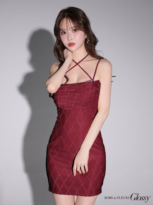 画像11: XSサイズあり【Glossy/グロッシー】バストビジュー/ ラメニット/ シンプル/ キャミ/ タイト/ ミニドレス/ キャバドレス[OF2] (11)
