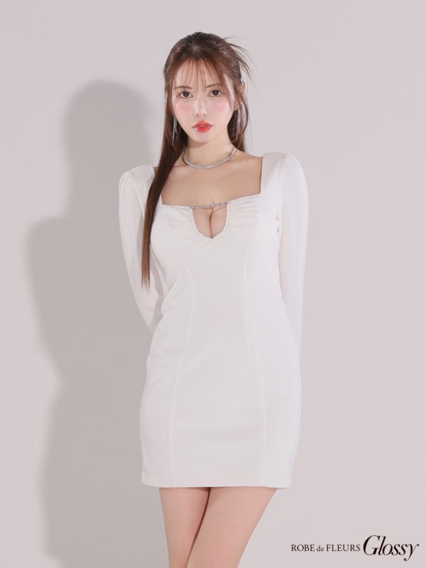 画像24: XSサイズあり【Glossy/グロッシー】ロングスリーブ/ スクエアカット/ バックリボン/ タイト/ ミニドレス/ キャバドレス[OF08] (24)