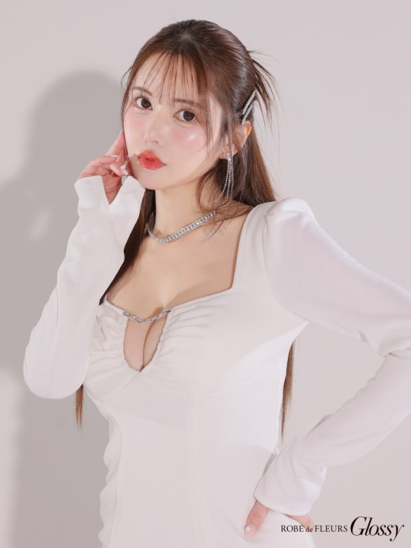 画像25: XSサイズあり【Glossy/グロッシー】ロングスリーブ/ スクエアカット/ バックリボン/ タイト/ ミニドレス/ キャバドレス[OF08] (25)