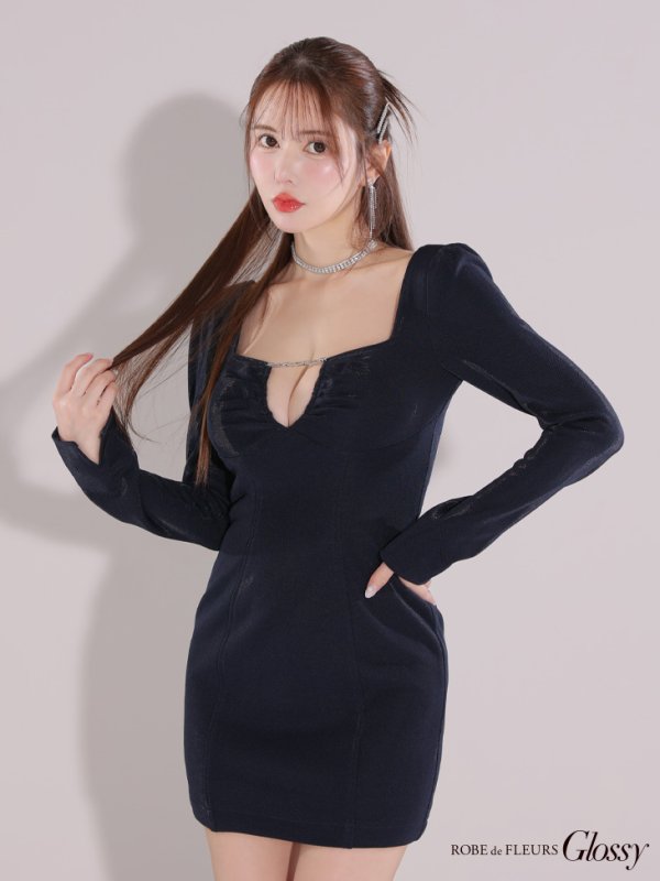 画像11: XSサイズあり【Glossy/グロッシー】ロングスリーブ/ スクエアカット/ バックリボン/ タイト/ ミニドレス/ キャバドレス[OF08] (11)