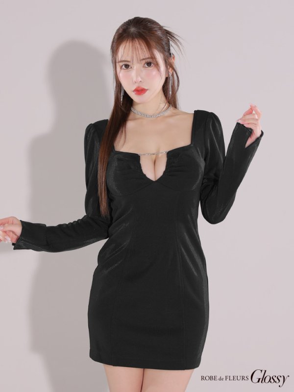 画像3: XSサイズあり【Glossy/グロッシー】ロングスリーブ/ スクエアカット/ バックリボン/ タイト/ ミニドレス/ キャバドレス[OF08] (3)
