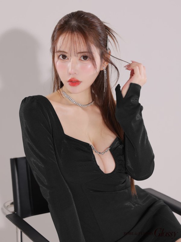 画像4: XSサイズあり【Glossy/グロッシー】ロングスリーブ/ スクエアカット/ バックリボン/ タイト/ ミニドレス/ キャバドレス[OF08] (4)