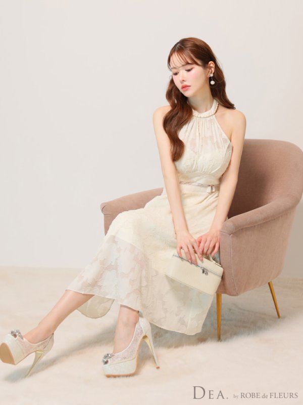 画像5: Lサイズあり【DEA./ディア】ホルターネック/ バックリボン/ レース/ フレア/ ワンピース/ ミモレ丈/ ミディアムドレス/ キャバドレス long【OF08】 (5)