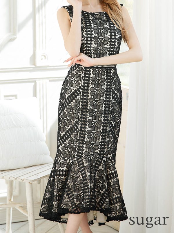 画像8: 【ERUKEI エルケイ】マーメイド/ ミディアム/ ワンピース/ ミモレ丈/ ケミカルレース/ ノースリーブ/ タイト/ キャバドレス[OF2] (8)