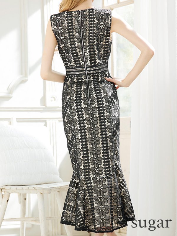 画像9: 【ERUKEI エルケイ】マーメイド/ ミディアム/ ワンピース/ ミモレ丈/ ケミカルレース/ ノースリーブ/ タイト/ キャバドレス[OF2] (9)