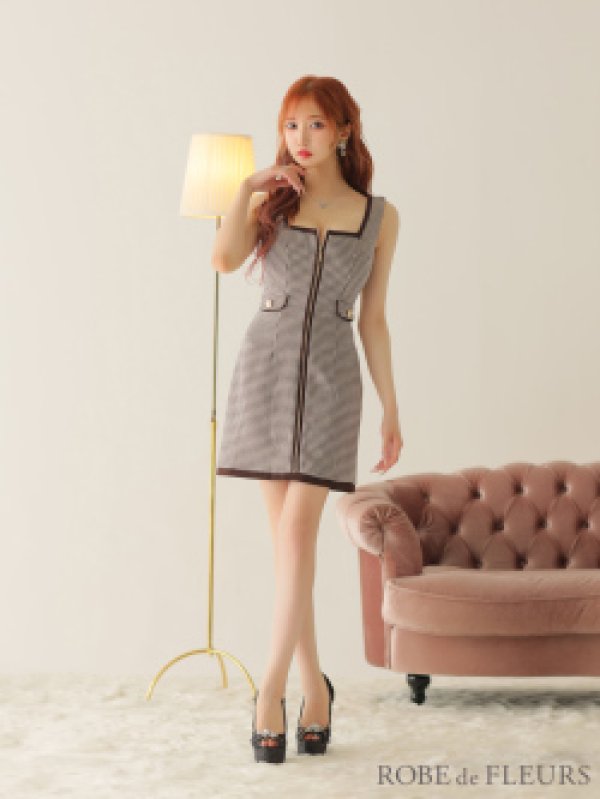 画像13: XSサイズあり【ROBE de FLEURS/ローブドフルール】ツイード/ ジップ/ スクエアカット/ ノースリーブ/ フレア/ 千鳥 /ミニドレス/ キャバドレス[OF08] (13)