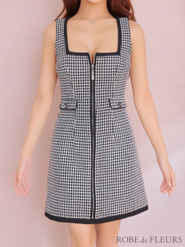 画像18: XSサイズあり【ROBE de FLEURS/ローブドフルール】ツイード/ ジップ/ スクエアカット/ ノースリーブ/ フレア/ 千鳥 /ミニドレス/ キャバドレス[OF08] (18)