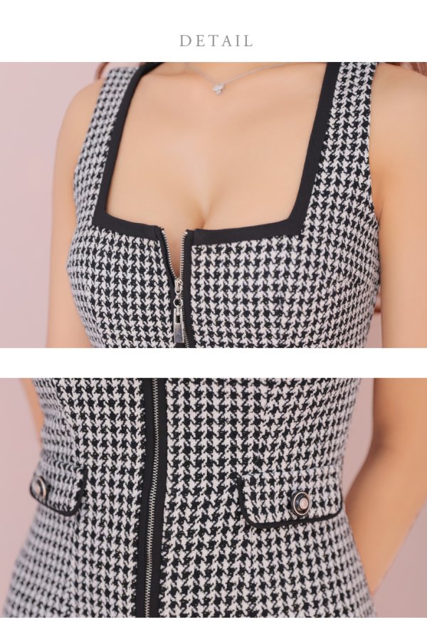 画像20: XSサイズあり【ROBE de FLEURS/ローブドフルール】ツイード/ ジップ/ スクエアカット/ ノースリーブ/ フレア/ 千鳥 /ミニドレス/ キャバドレス[OF08] (20)