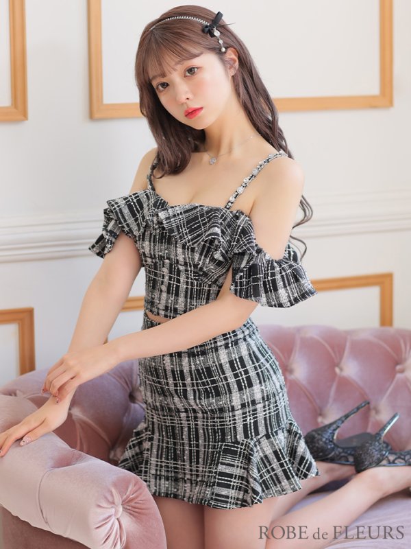 画像11: XSサイズあり【ROBE de FLEURS/ローブドフルール】フリルオフショルダー/ ツイード/ セットアップ/ Aライン/ ミニドレス/ キャバドレス[OF08] (11)