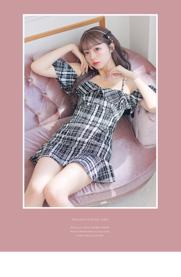画像20: XSサイズあり【ROBE de FLEURS/ローブドフルール】フリルオフショルダー/ ツイード/ セットアップ/ Aライン/ ミニドレス/ キャバドレス[OF08] (20)