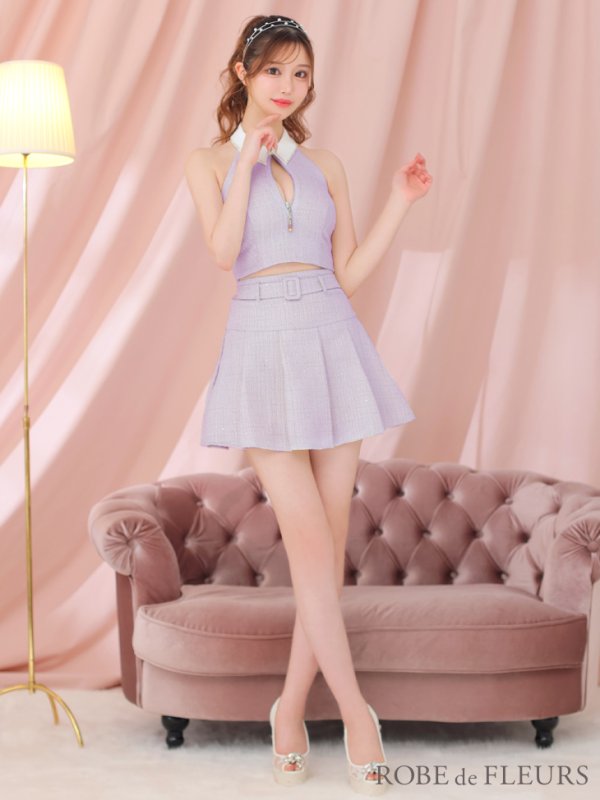 画像15: XSサイズあり【ROBE de FLEURS/ローブドフルール】ツイード/ ジップ/ 襟付き/ ホルター/ プリーツ/ フレア/ セットアップ/ ミニドレス/ キャバドレス[OF08] (15)