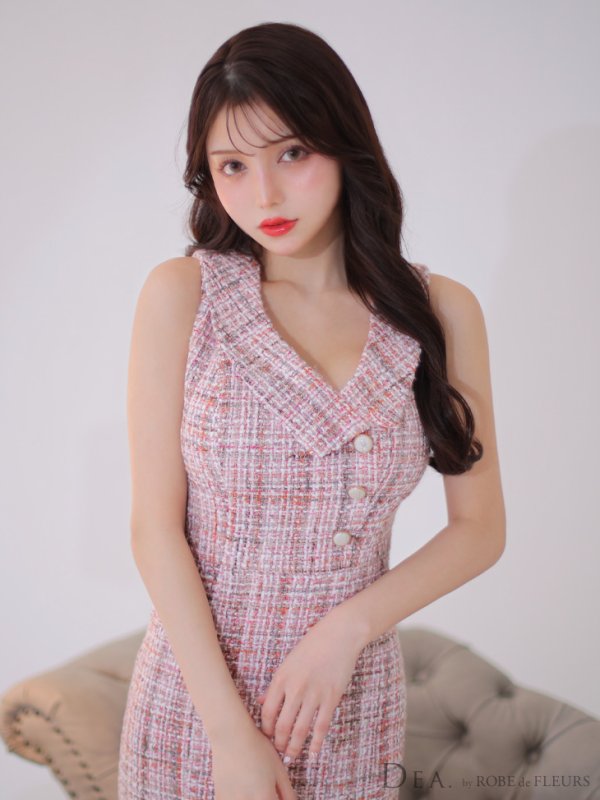 画像20: Lサイズあり【DEA./ディア】マーメイド/ ツイード/ ノースリーブ/ 膝丈/ 襟付き/ 裾フリル/ ワンピース/ ミディアムドレス/ キャバドレス【OF08】 (20)