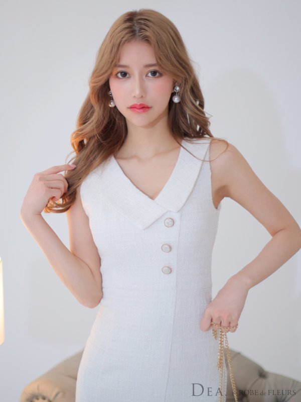 画像17: Lサイズあり【DEA./ディア】マーメイド/ ツイード/ ノースリーブ/ 膝丈/ 襟付き/ 裾フリル/ ワンピース/ ミディアムドレス/ キャバドレス【OF08】 (17)