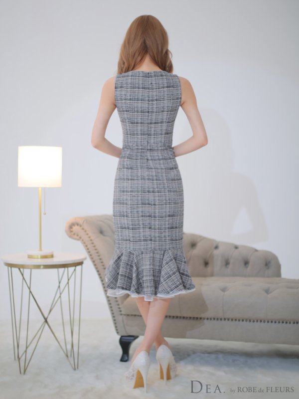 画像13: Lサイズあり【DEA./ディア】マーメイド/ ツイード/ ノースリーブ/ 膝丈/ 襟付き/ 裾フリル/ ワンピース/ ミディアムドレス/ キャバドレス【OF08】 (13)