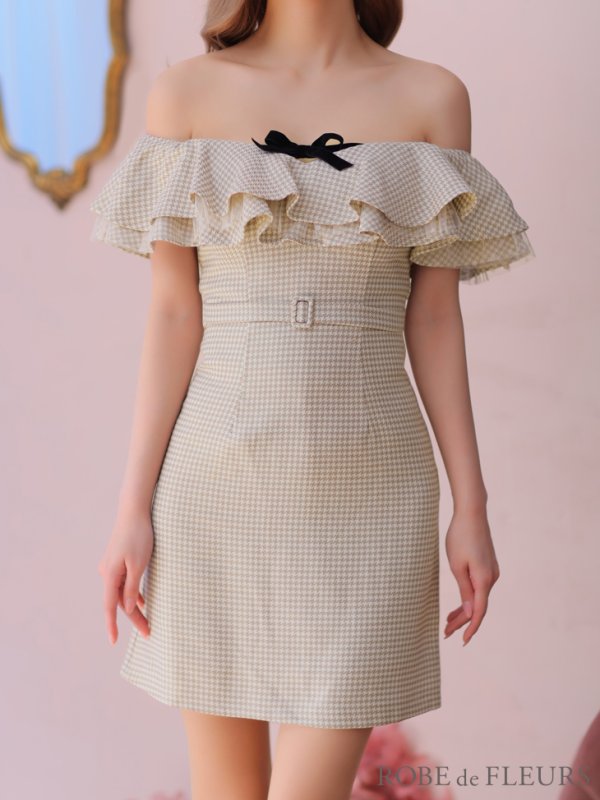 画像15: XSサイズあり【ROBE de FLEURS/ローブドフルール】フリルオフショルダー/ ツイード/ 千鳥柄/ リボンモチーフ/ Aライン/ ミニドレス/ キャバドレス[OF08] (15)
