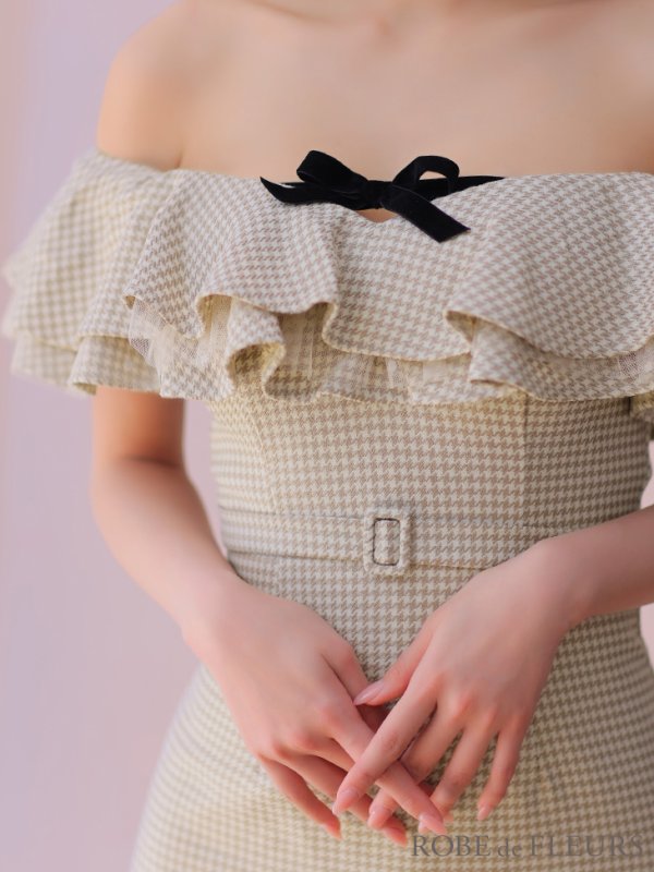 画像17: XSサイズあり【ROBE de FLEURS/ローブドフルール】フリルオフショルダー/ ツイード/ 千鳥柄/ リボンモチーフ/ Aライン/ ミニドレス/ キャバドレス[OF08] (17)