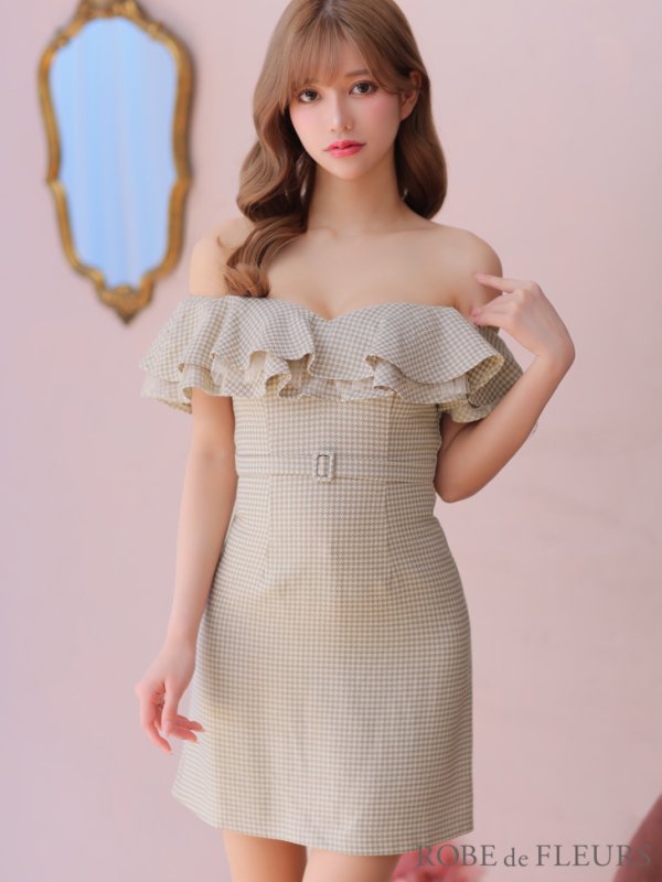 画像14: XSサイズあり【ROBE de FLEURS/ローブドフルール】フリルオフショルダー/ ツイード/ 千鳥柄/ リボンモチーフ/ Aライン/ ミニドレス/ キャバドレス[OF08] (14)