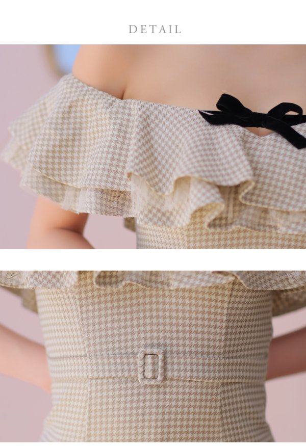 画像18: XSサイズあり【ROBE de FLEURS/ローブドフルール】フリルオフショルダー/ ツイード/ 千鳥柄/ リボンモチーフ/ Aライン/ ミニドレス/ キャバドレス[OF08] (18)