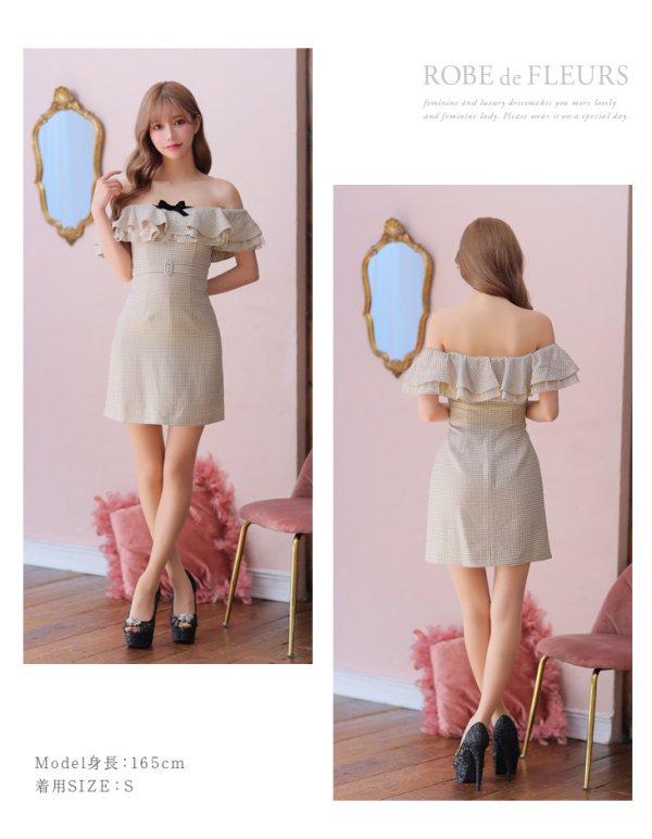 画像16: XSサイズあり【ROBE de FLEURS/ローブドフルール】フリルオフショルダー/ ツイード/ 千鳥柄/ リボンモチーフ/ Aライン/ ミニドレス/ キャバドレス[OF08] (16)