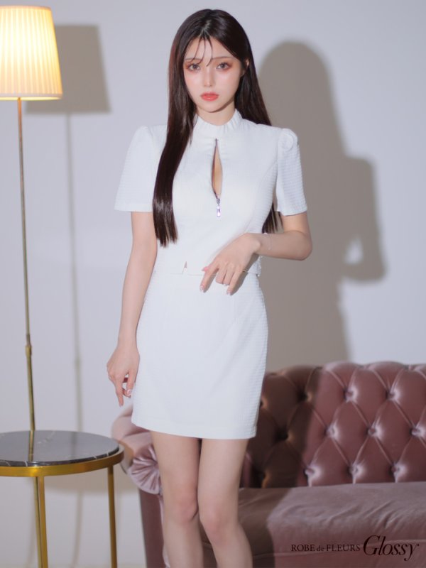 画像4: XSサイズあり【Glossy/グロッシー】フロントジッパー/ セットアップ/ 袖あり/ 半袖/ シンプル/ ワンカラー/ ストレッチ/ タイト/ ミニドレス/ キャバドレス[OF2] (4)