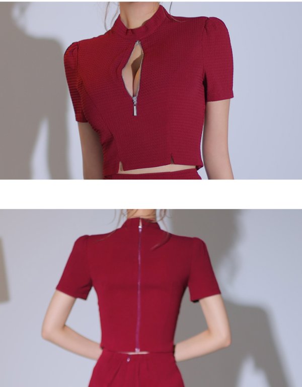 画像13: XSサイズあり【Glossy/グロッシー】フロントジッパー/ セットアップ/ 袖あり/ 半袖/ シンプル/ ワンカラー/ ストレッチ/ タイト/ ミニドレス/ キャバドレス[OF2] (13)