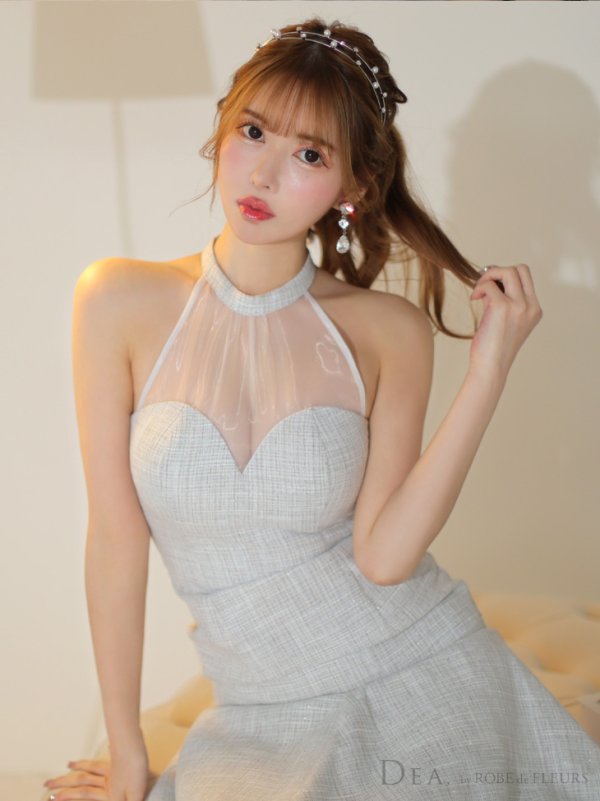 画像5: Lサイズあり【DEA./ディア】ラメツイード/ オーガンジー/ ハイネック/ ノースリーブ/ 膝丈/ アシンメトリー/ ワンピース/ ミディアムドレス/ キャバドレス【OF08】 (5)