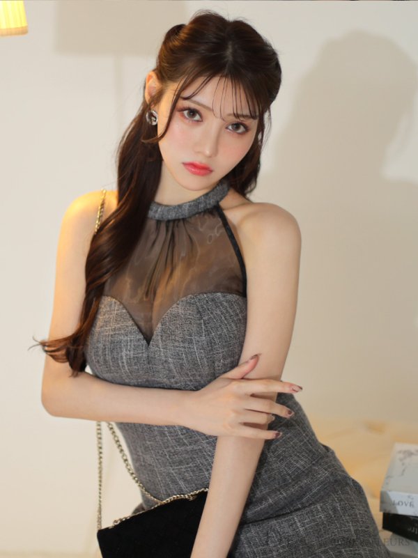 画像6: Lサイズあり【DEA./ディア】ラメツイード/ オーガンジー/ ハイネック/ ノースリーブ/ 膝丈/ アシンメトリー/ ワンピース/ ミディアムドレス/ キャバドレス【OF08】 (6)