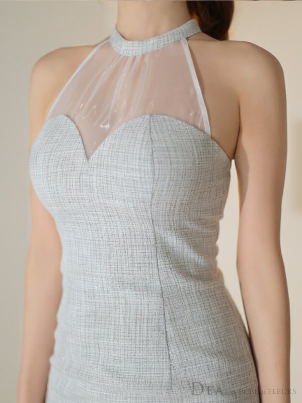 画像7: Lサイズあり【DEA./ディア】ラメツイード/ オーガンジー/ ハイネック/ ノースリーブ/ 膝丈/ アシンメトリー/ ワンピース/ ミディアムドレス/ キャバドレス【OF08】 (7)