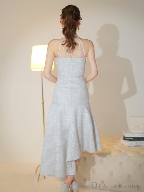 画像9: Lサイズあり【DEA./ディア】ラメツイード/ オーガンジー/ ハイネック/ ノースリーブ/ 膝丈/ アシンメトリー/ ワンピース/ ミディアムドレス/ キャバドレス【OF08】 (9)